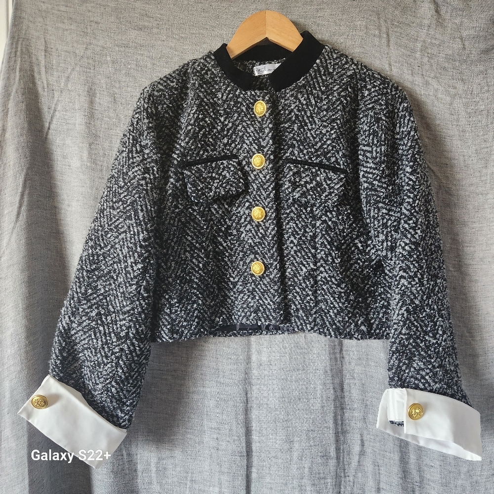 Laladudu Power Boss Tweed Jacket with Velvet Accents & Bold Cuffs, Size XXL